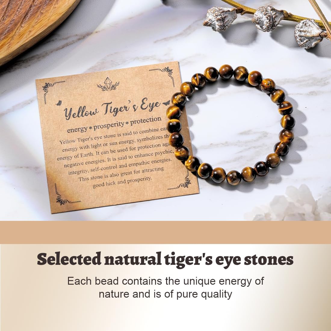 AFCJLTO Naturstein Tigerauge Armband, Handmade Echte Naturstein Perlen Heilsteine Armband, Damen Herren Chakren Perlenarmband, 8MM Runde Edelstein Yoga Armbänder