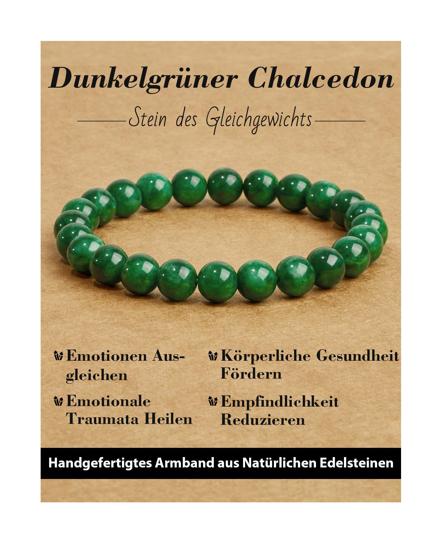 Landorilo Handmade Echte Naturstein Perlen Heilsteine Armband Damen Herren, 8MM Runde Edelsteine Yoga Armbänder, Glücksarmband, Kreative Schmuck Geschenke(Dunkelgrüner Chalcedon)