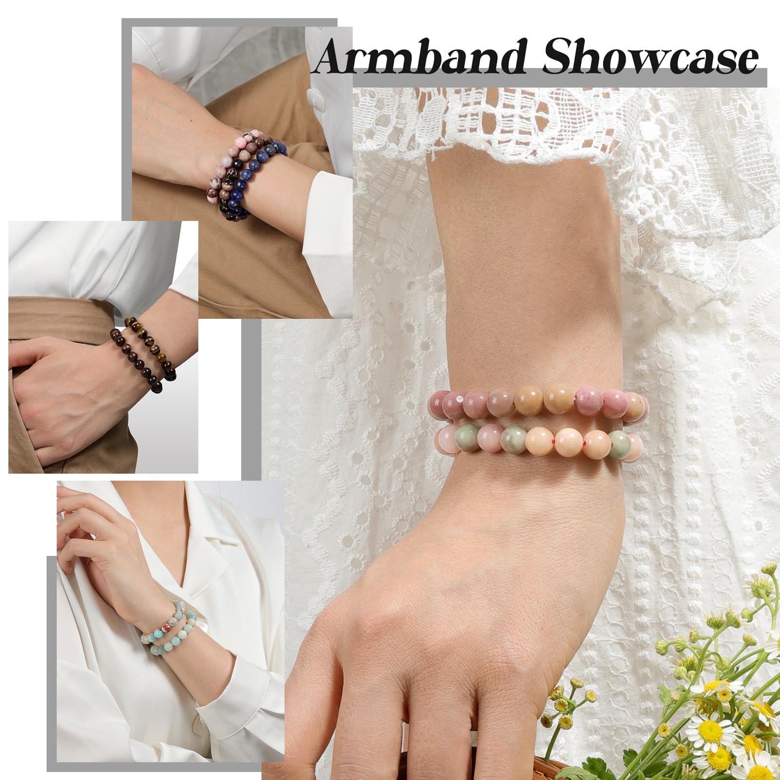 Landorilo Handmade Echte Naturstein Perlen Heilsteine Armband Damen Herren, 8MM Runde Edelsteine Yoga Armbänder, Glücksarmband, Kreative Schmuck Geschenke(Dunkelgrüner Chalcedon)