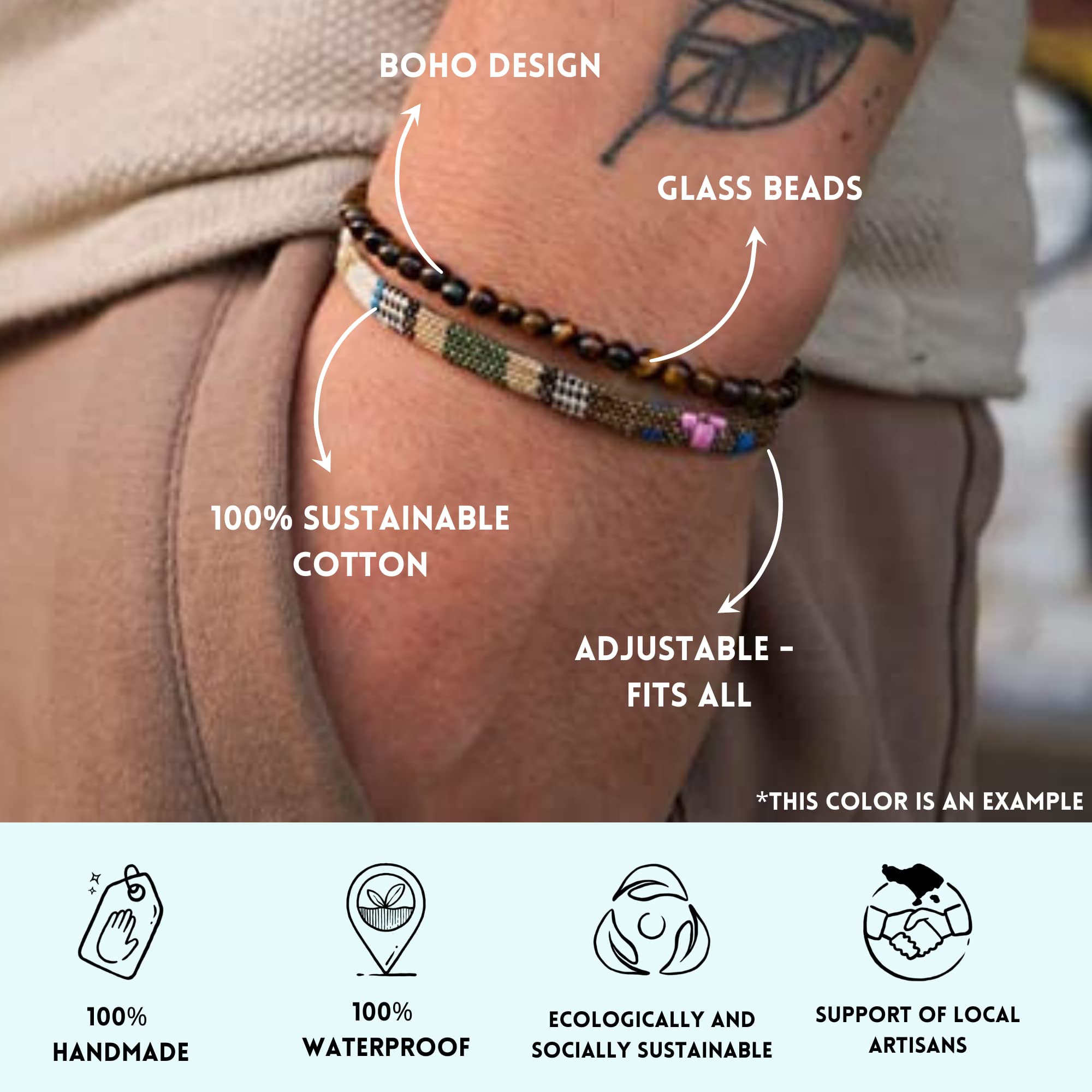 2er Set Surfer-Armband Herren & Damen • 100% Wasserfest & Handmade • Perlen-Armband Boho Stoff-Armband • Hippie Sommer Strand-Schmuck • Freundschaftsarmbänder für Ihn & Sie (Gelb & Tigerauge)