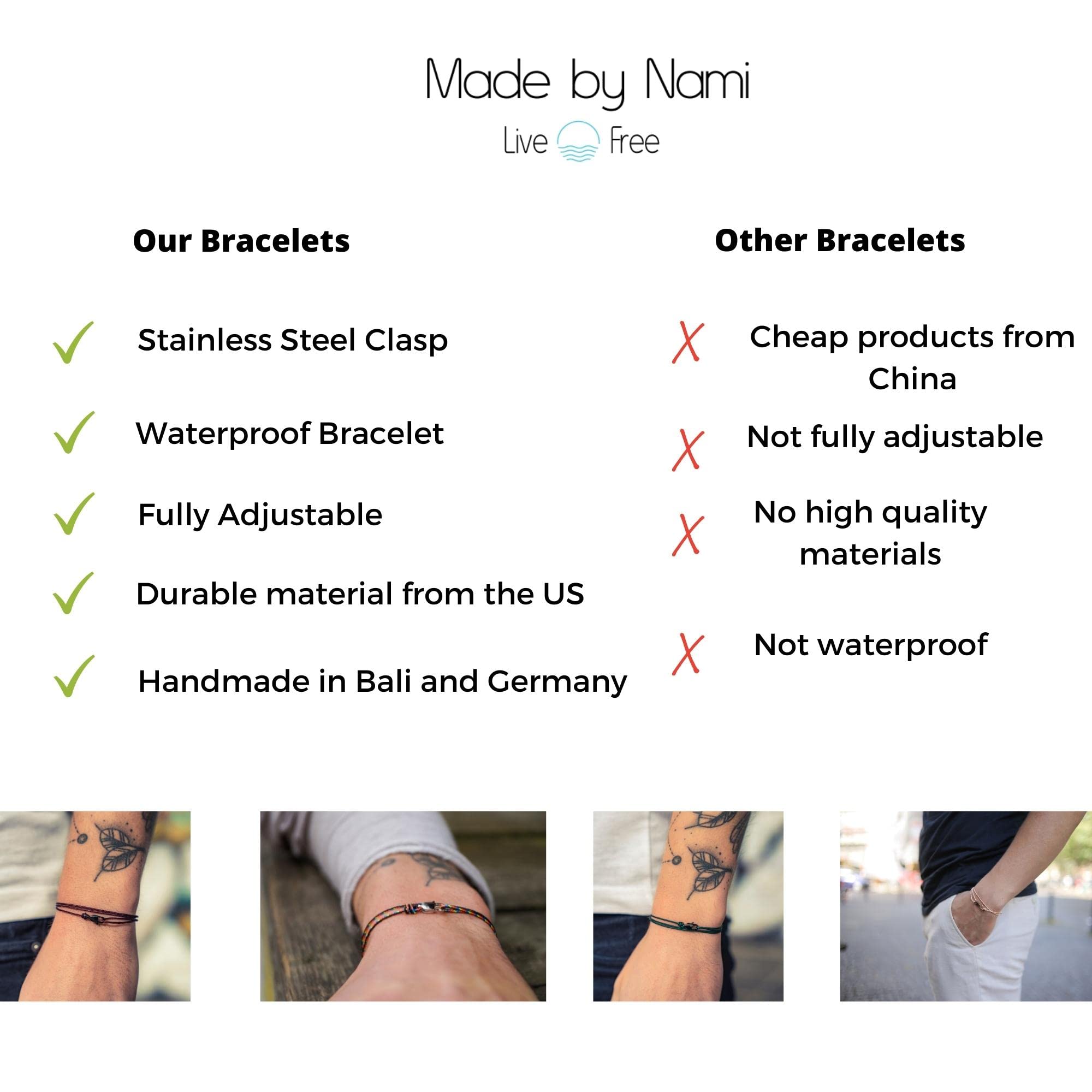 Made by Nami Dünnes Wickel-Armband Herren Damen - Karabiner-Haken Verschluss - Handmade - Maritimer Surfer Schmuck - Stoff-Armband Minimalistisch - 100% Wasserfest & verstellbar (Dark Retro Silber)