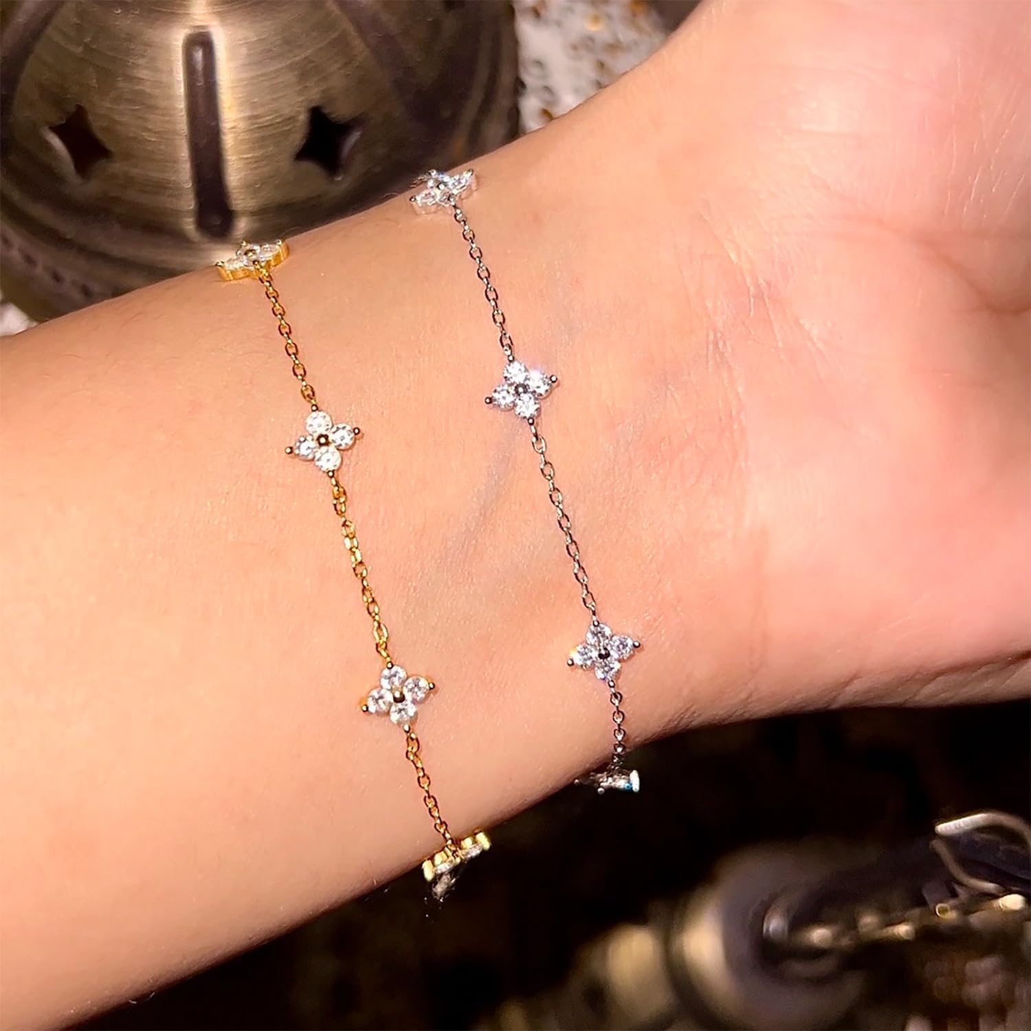 Aidenn Armband Damen Gold mit Cubic Zirkonia Blumen 925 Silber Bracelet für Mädchen,Goldene/Silver Stapelbare Armbander Handmade Schmuck Geschenk