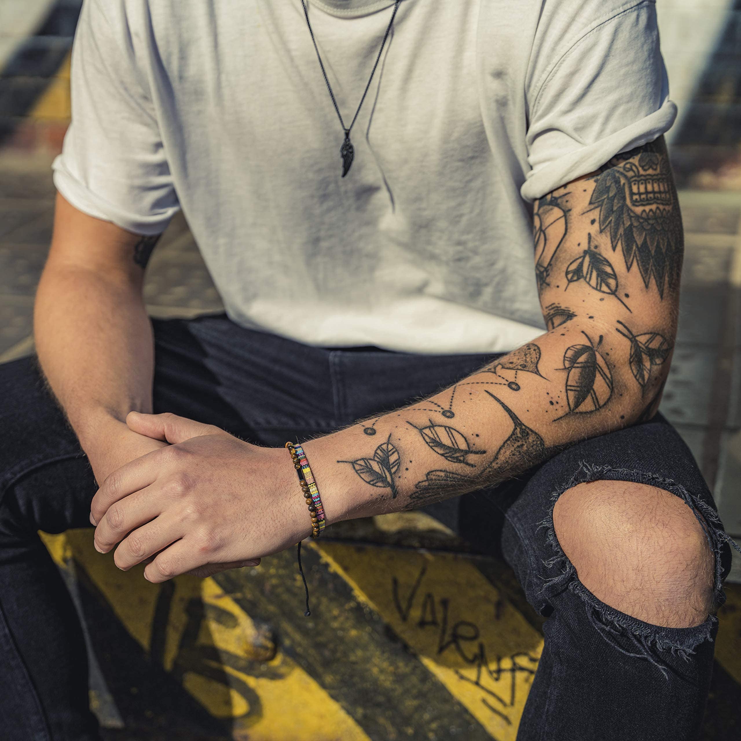 2er Set Surfer-Armband Herren & Damen • 100% Wasserfest & Handmade • Perlen-Armband Boho Stoff-Armband • Hippie Sommer Strand-Schmuck • Freundschaftsarmbänder für Ihn & Sie (Gelb & Tigerauge)