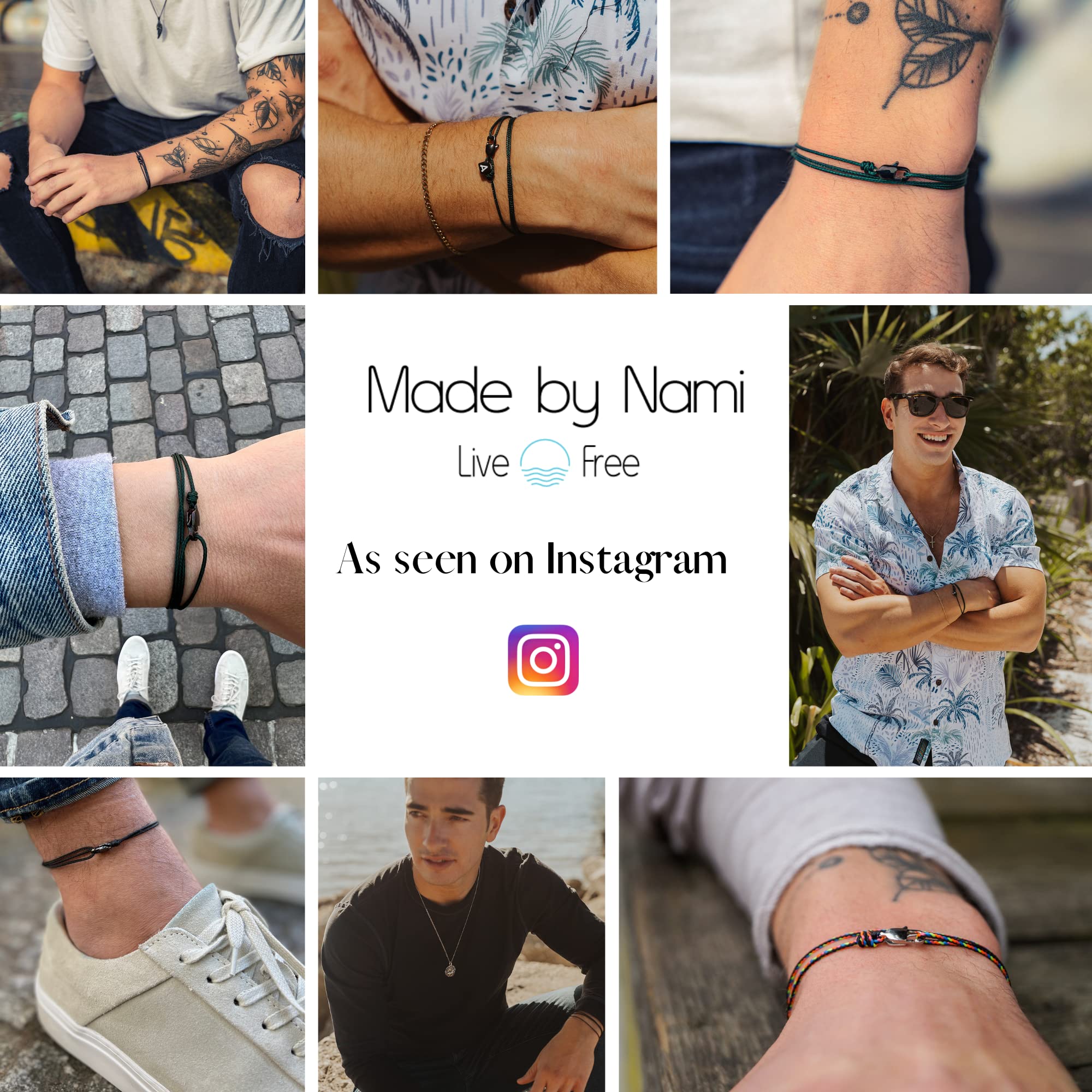Made by Nami Dünnes Wickel-Armband Herren Damen - Karabiner-Haken Verschluss - Handmade - Maritimer Surfer Schmuck - Stoff-Armband Minimalistisch - 100% Wasserfest & verstellbar (Dark Retro Silber)