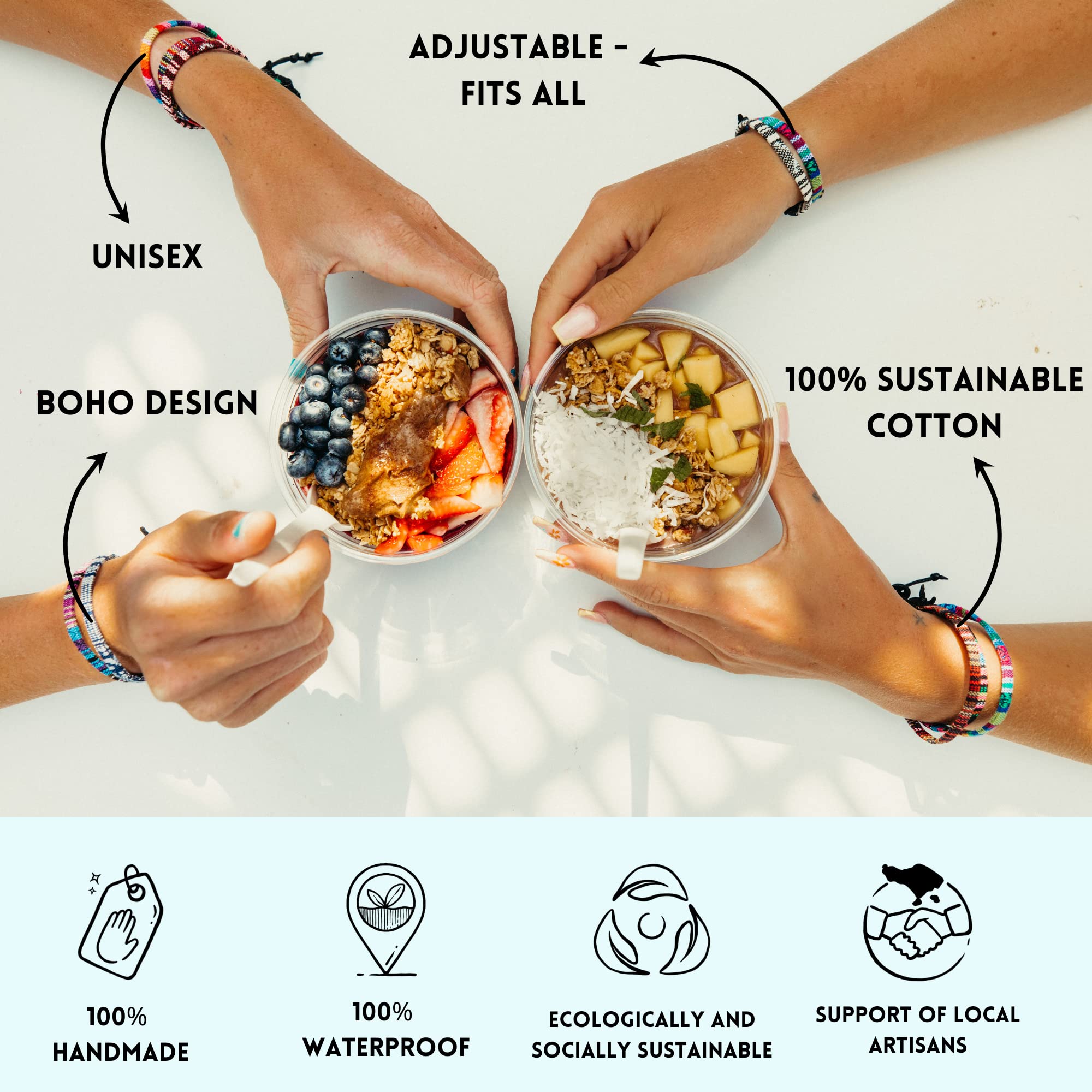 Made by Nami Boho Surfer-Armband 2-er Set Damen & Herren - Handmade Strand Festival Accessoires - Ethno Hippie Style - 100% Wasserfest & Verstellbar - Freundschaftsarmbänder Mädchen (Schwarz & Weiß)