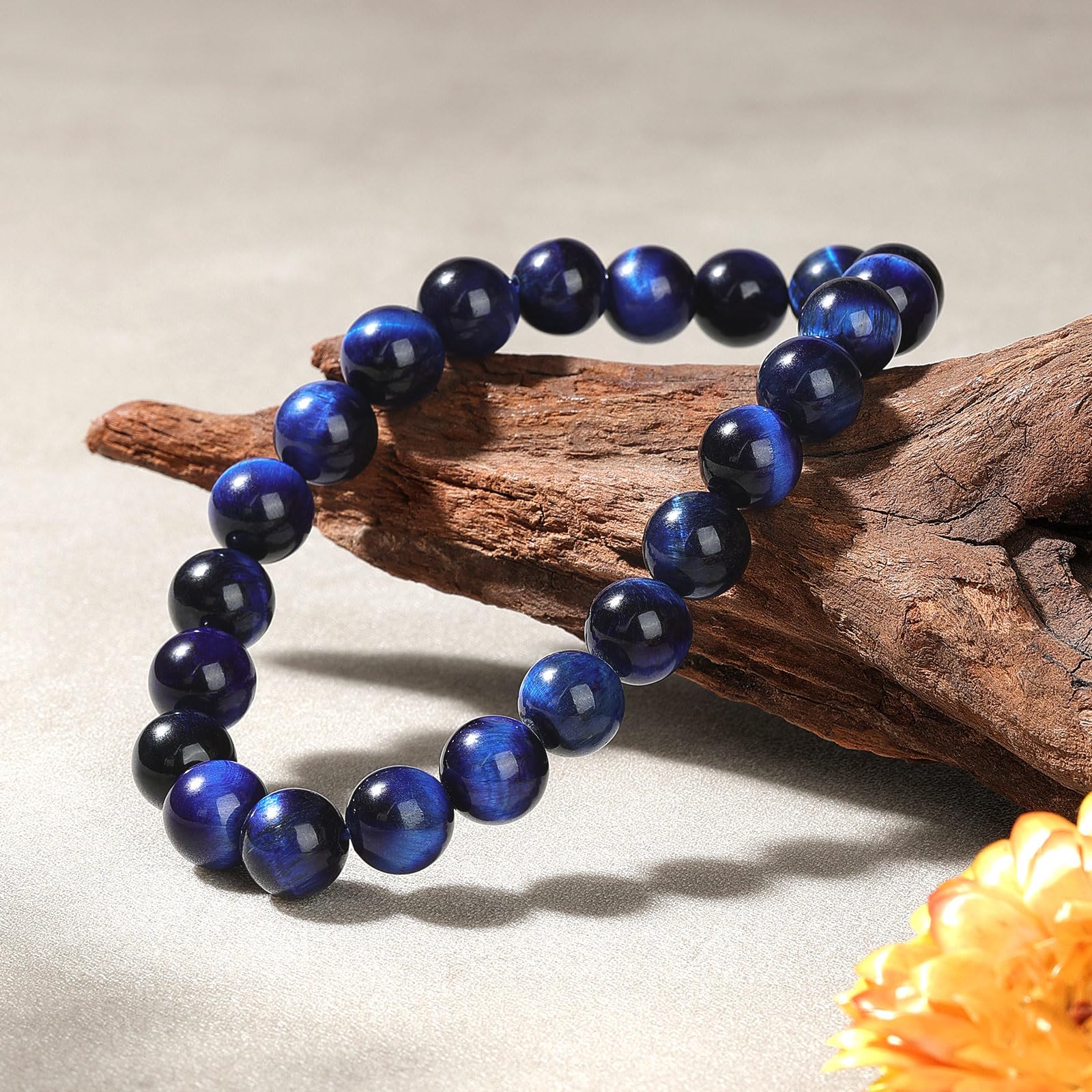 Landorilo Handmade Echte Naturstein Perlen Heilsteine Armband Damen Herren, 8MM Runde Edelsteine Yoga Armbänder, Glücksarmband, Kreative Schmuck Geschenke(Blaues Tigerauge)