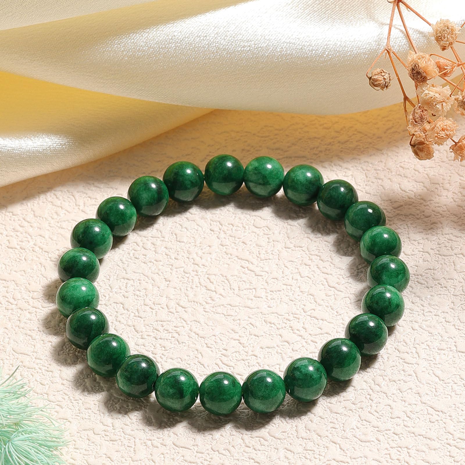 Landorilo Handmade Echte Naturstein Perlen Heilsteine Armband Damen Herren, 8MM Runde Edelsteine Yoga Armbänder, Glücksarmband, Kreative Schmuck Geschenke(Dunkelgrüner Chalcedon)
