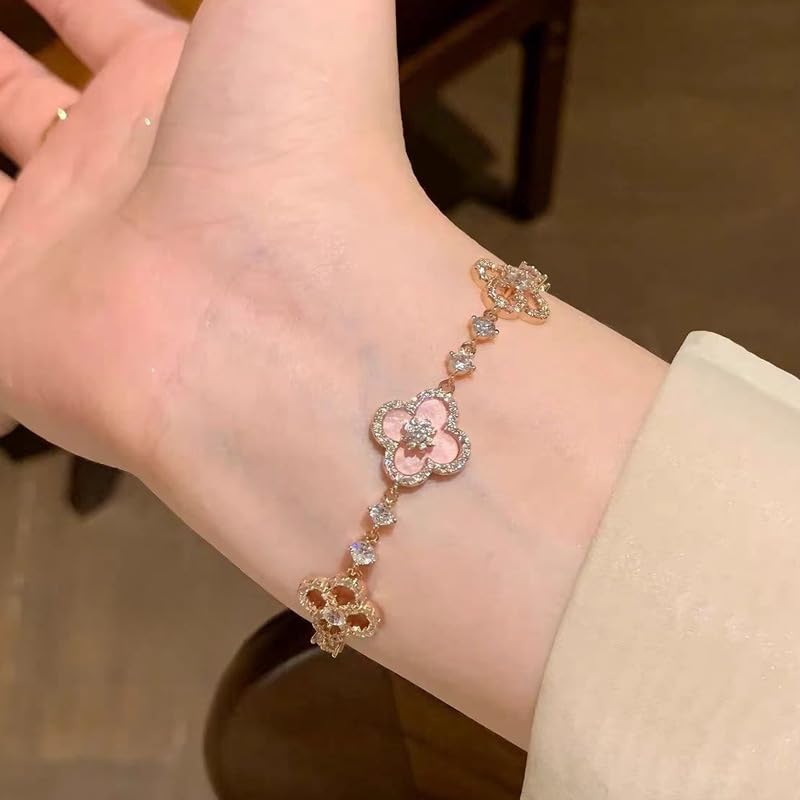 Gkaopi Armband Damen 925 Sterling Silber Cubic Zirkonia Kleeblatt Glücksbringer Armbander Verstellbar Stapelbare Blumen Armschmuck Wasserfest Handmade Schmuck Geschenk (Gold, Einheitsgrösse)