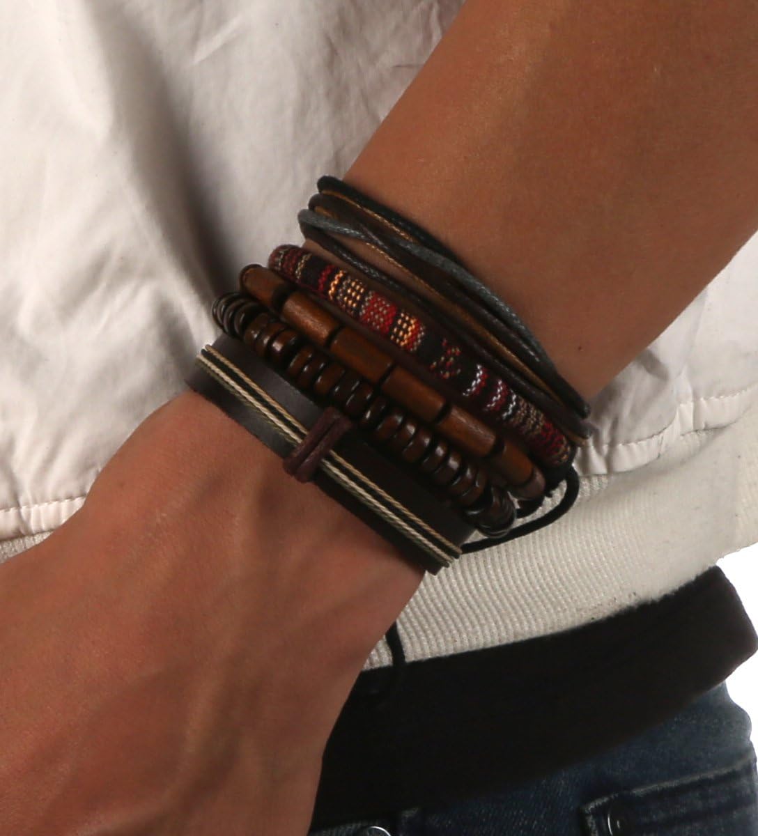 HZMAN Mix 5 Wickelarmbänder Männer Frauen Hanf Schnüre Holz Perlen Ethnisch Tribal Armbänder Leder Armbänder Armband