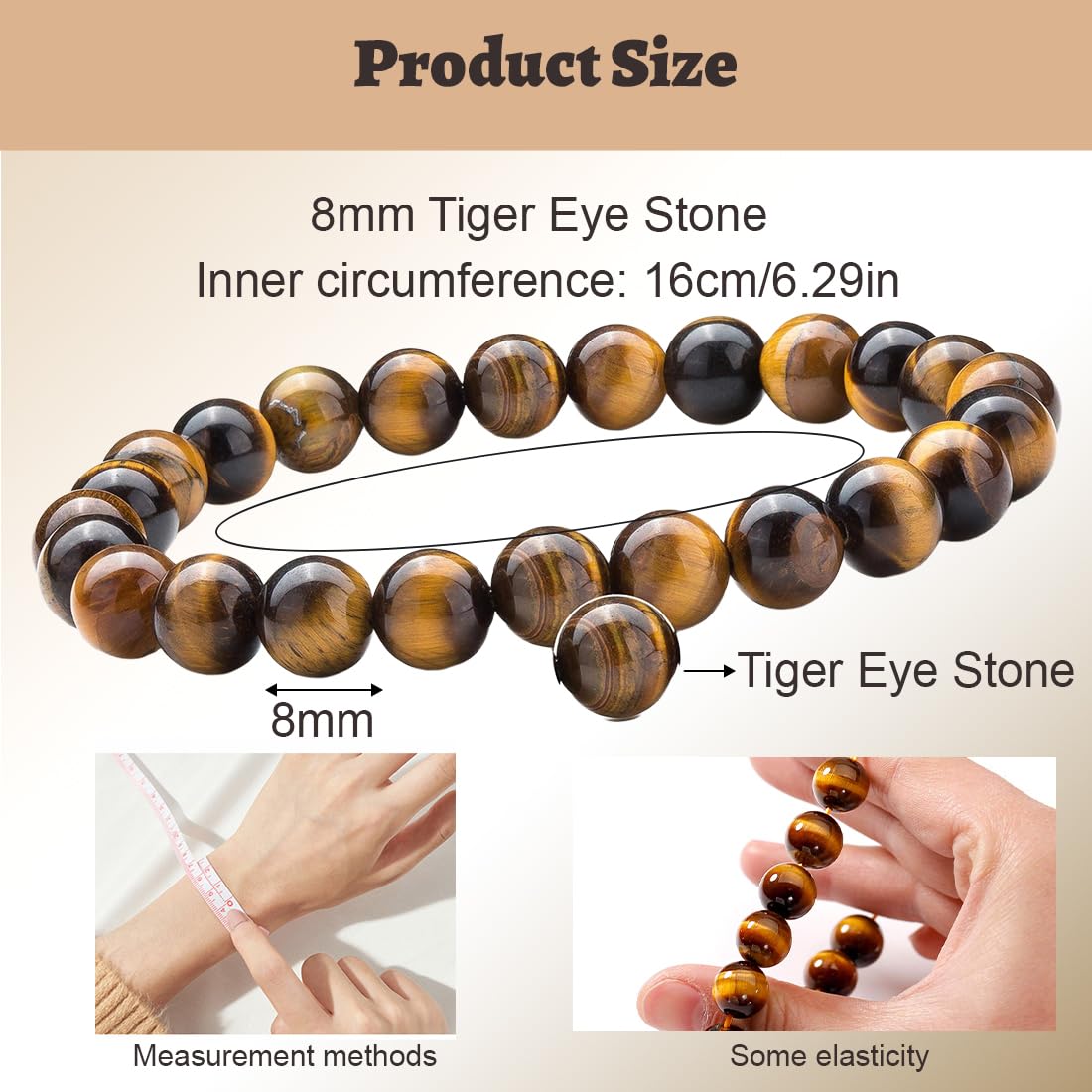 AFCJLTO Naturstein Tigerauge Armband, Handmade Echte Naturstein Perlen Heilsteine Armband, Damen Herren Chakren Perlenarmband, 8MM Runde Edelstein Yoga Armbänder