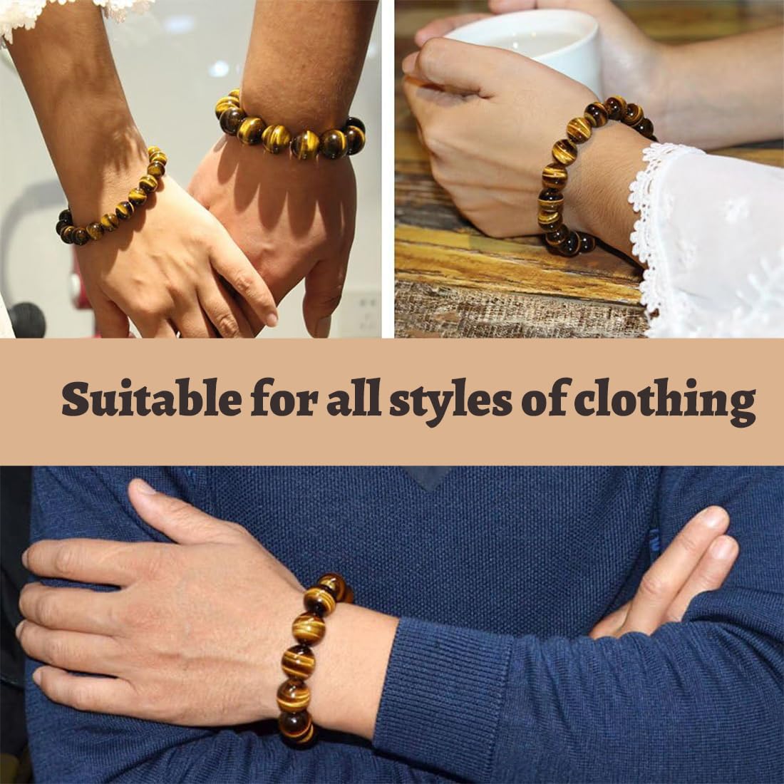 AFCJLTO Naturstein Tigerauge Armband, Handmade Echte Naturstein Perlen Heilsteine Armband, Damen Herren Chakren Perlenarmband, 8MM Runde Edelstein Yoga Armbänder